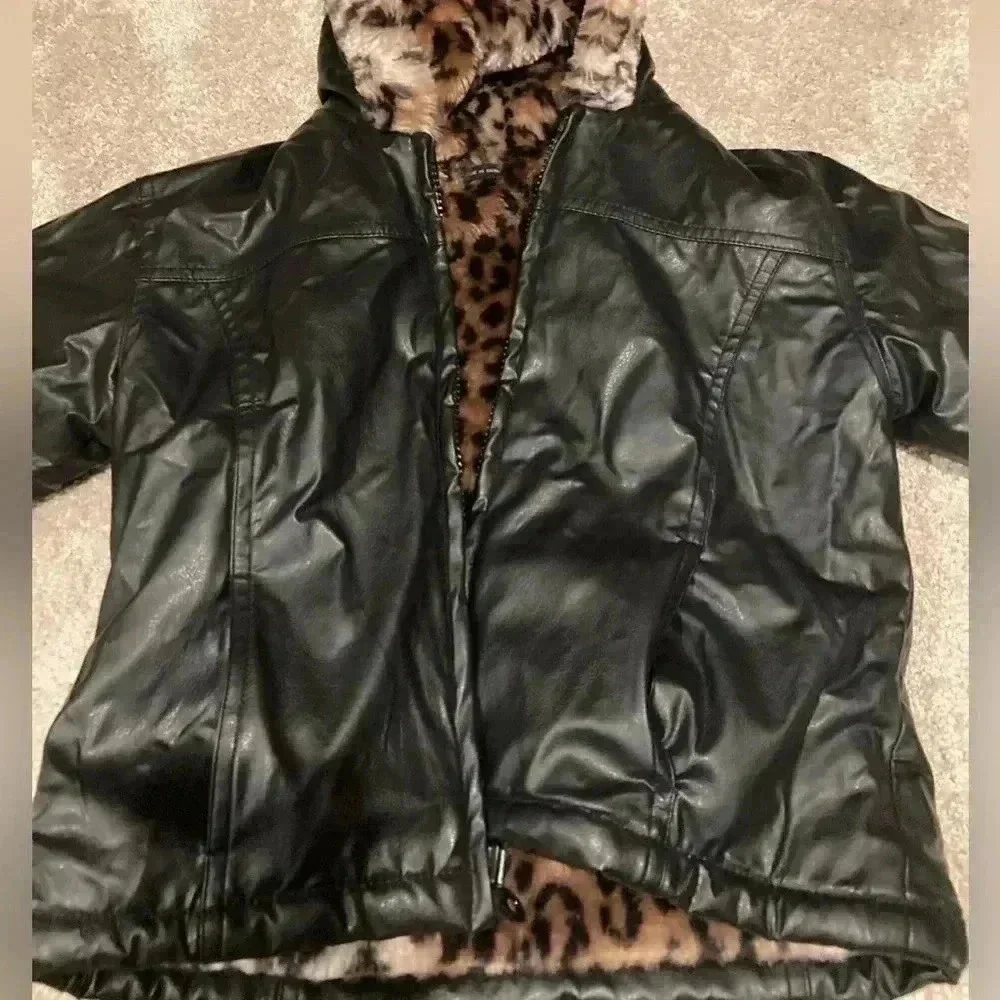 KC Collections Girls Faux Leather Jacket Coat Black Size M Reversible - Picture 4 of 9